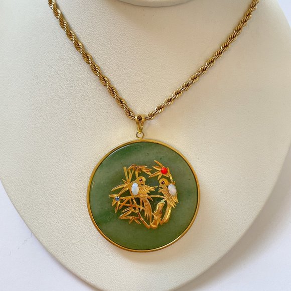 Vintage Jewelry - Vintage Jade Necklace Chinese Gold Filled Pendant Chain Opal Coral Birds Dragon